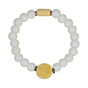 ICXC NIKA Vita Glaspärlor Träkors Grekisk Bysantinsk Ortodox Bönerep Elastiskt Armband