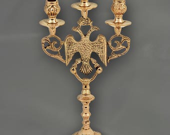 Brass 3 Candle Holder Byzantine Double-Headed Eagle Greek Altar Prayer Corner Candleholder for Beeswax Paraffin Candles 11mm Candle Diameter