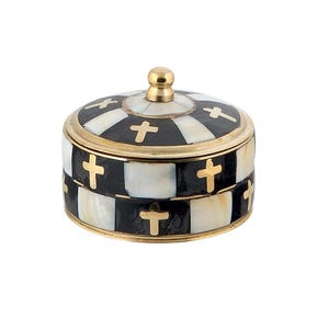 Caja redonda de latón para guardar reliquias, incienso, rosario, joyas religiosas, diseño de cruces, incrustaciones de nácar, aceite de unción ortodoxo griego.