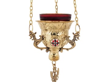 3 1/4&quot; Brass Greek Orthodox Hanging Chains Enamel Decorated Vigil Oil Lamp 8cm