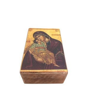 Träask med ikoner och decoupage av Jungfru Maria • Theotokos Glykofilousa • 15x10x6 cm relikväska • Handgjord ortodox minnesask