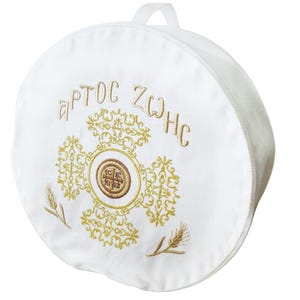&quot;10 1/2 &quot;&quot;Prosphora Brot Tasche Beutel Beutelschachtel Weiß rund Baumwolle waschbar Kreuz Stickerei Metallic-Faden Reißverschluss Griff Lagerung Reise 28 cm.&quot;