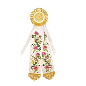 May include: An ivory-colored floral embroidered stole with a gold-colored medallion. The stole features pink and yellow flowers with green leaves. The medallion is round with an intricate design. The bottom of the stole has a gold scalloped edge.