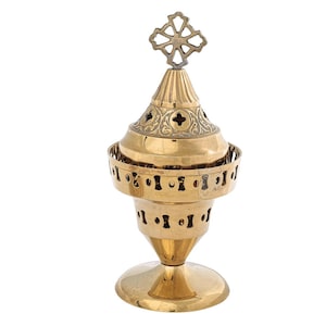 7 1/2&quot; Traditional Greek Orthodox Brass Vigil Oil Lamp Floral Design Stand-Alone with Glass Cup 19cm