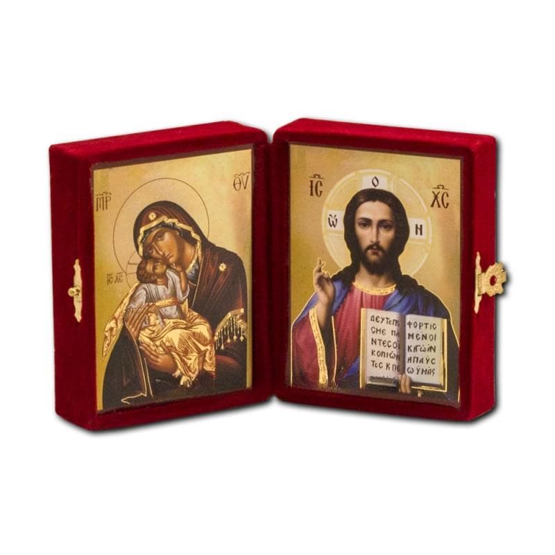 Greek Orthodox Velvet Diptych Icon Red Folding Byzantine Travel Icon with Christ Blessing & Theotokos Sweet Kissing Religious Gift