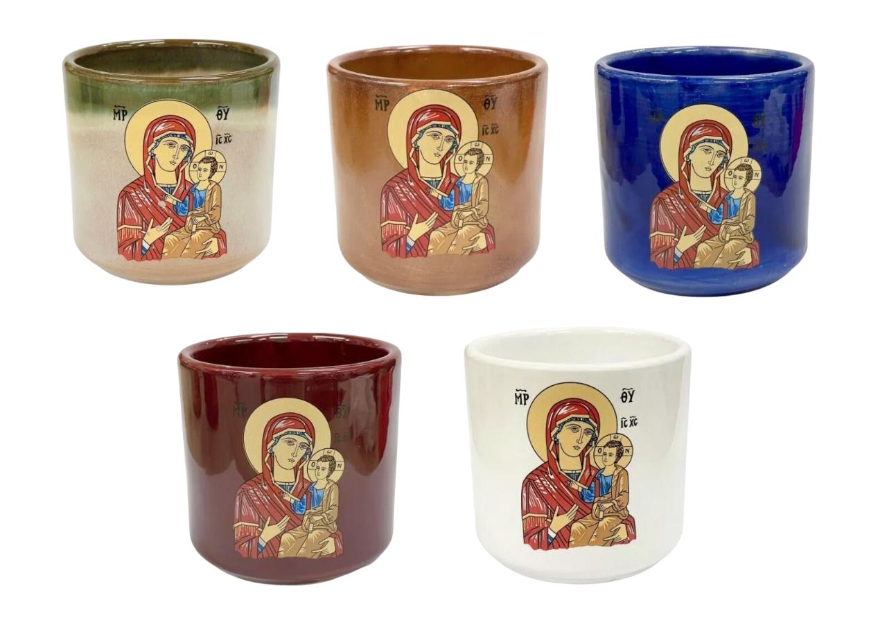 3 3/8" Greek Orthodox Handmade Ceramic Candle Cup Vigil Oil Lamp Glazed Virgin Mary Icon Coffee Mug 8.5cm
