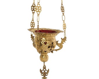 Greek Orthodox Hanging Vigil Oil Brass Burner Lamp Dragons Design Handmade Engraved Lantern