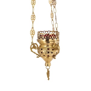 Brass Hanging Vigil Lamp with Glass Cup 4.75x4in | Engraved Floral Byzantine Eagle | Orthodox Greek Church Candle Lantern