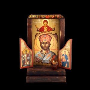 19 1/4&quot; Hand Carved Traditional Greek Orthodox Iconostasis Shrine Jesus with Theotokos & Archangels Standing Wooden Icons 49cm