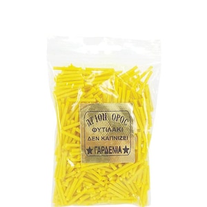 May include: A clear plastic bag filled with yellow candle wicks. The bag has a label that reads "Agion Oros Futilaki Den Kapnizei Gardenia".