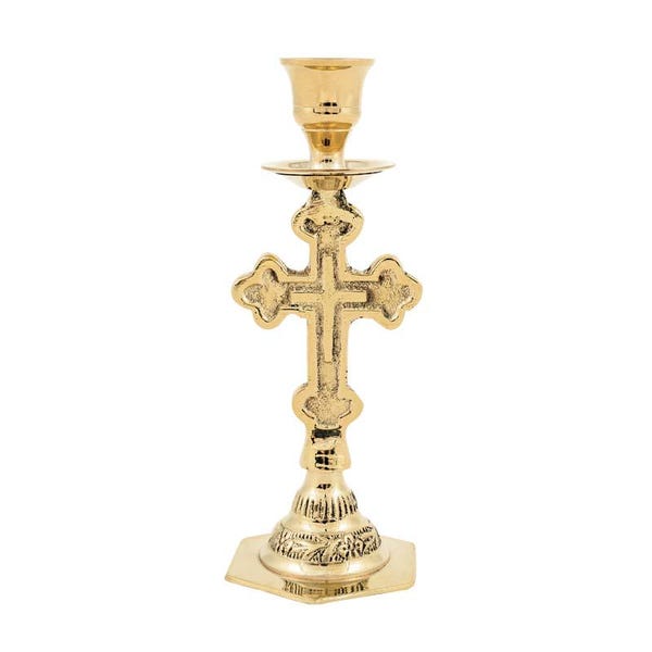 5 3/4" Traditional Greek Orthodox Prayer Corner Altar Cross Design Candlestick 14cm