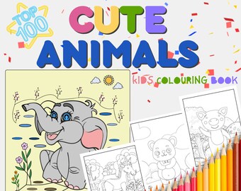 100 Cute Baby Animals, Kids Colouring Book, Instant Download