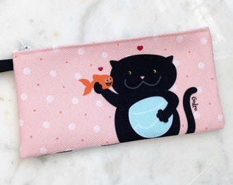 Pencil case with black cat and his gold fish | Cat lover gift | Cat lovers accessories | Cat print pouch | Gift for cat lovers | Small gift