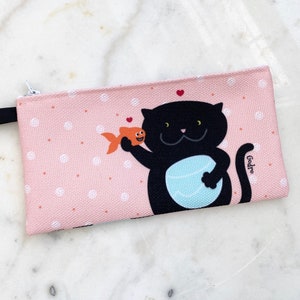 Pencil case with black cat and his gold fish | Cat lover gift | Cat lovers accessories | Cat print pouch | Gift for cat lovers | Small gift