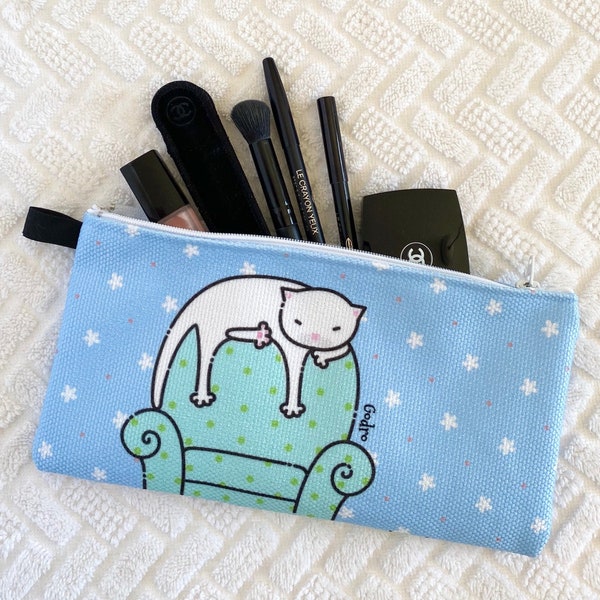 Étui à crayons avec chat blanc endormi sur un fauteuil | Petit sac pour Amoureux des Chats | Pochette à maquillage | Sac pour accessoires