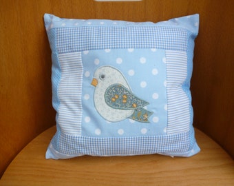 Pillow  "Little Bird", Patchwork, light-blue/white