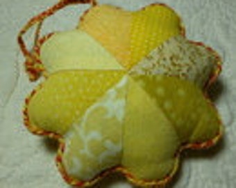 Patchwork Pincushion Flower made from yellow Cotton Fabric Cuts