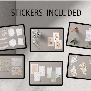 May include: A set of digital stickers featuring floral illustrations, wreaths, and text. The stickers are displayed on a digital screen.