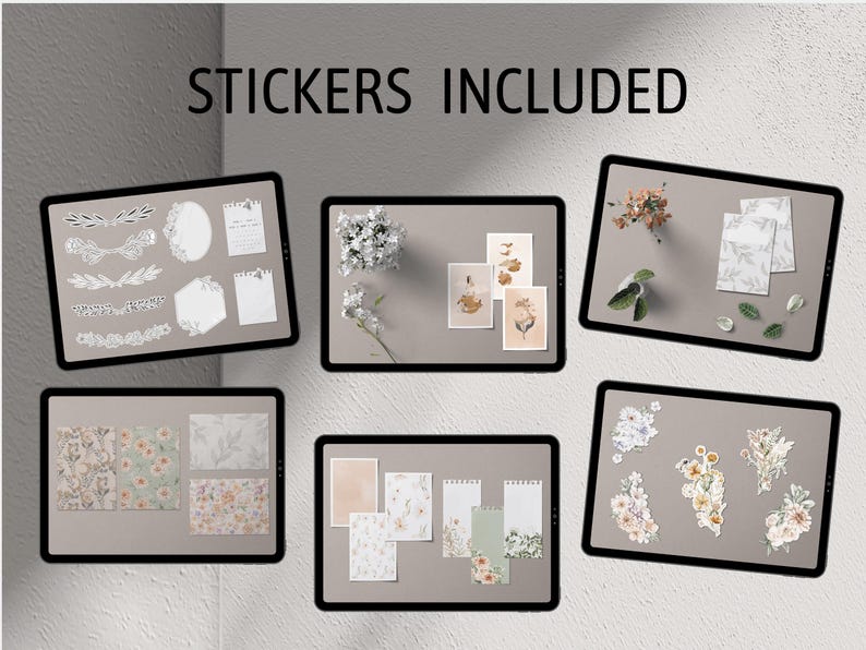 May include: A set of digital stickers featuring floral illustrations, wreaths, and text. The stickers are displayed on a digital screen.