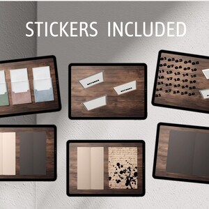 May include: A set of stickers with numbers 1 to 30, three blank stickers, and three envelopes. The stickers are on a brown wooden background. The envelopes are on a white background.