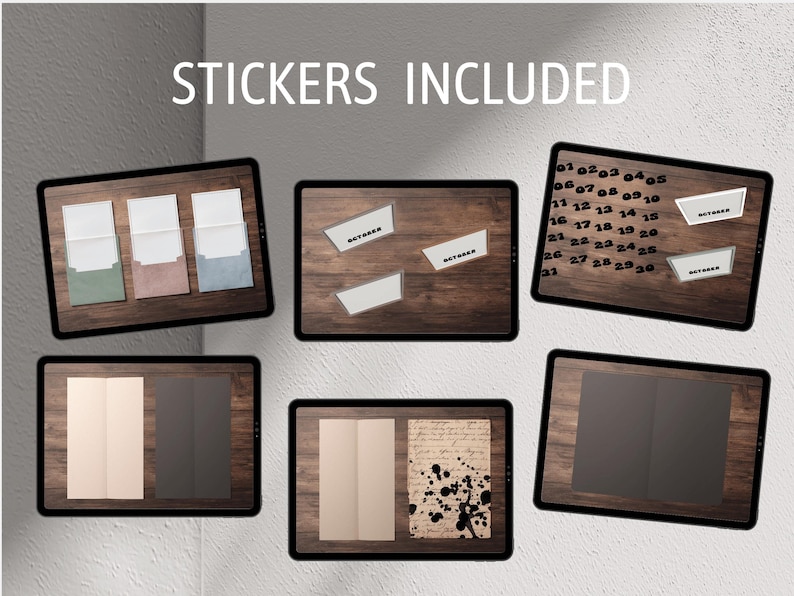 May include: A set of stickers with numbers 1 to 30, three blank stickers, and three envelopes. The stickers are on a brown wooden background. The envelopes are on a white background.