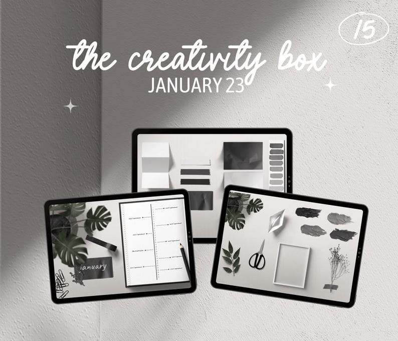 May include: Three digital planners with black and white designs. The planners are on a white background with a shadow. The text "the creativity box JANUARY 23" is at the top of the image. The number "15" is in a circle in the top right corner.