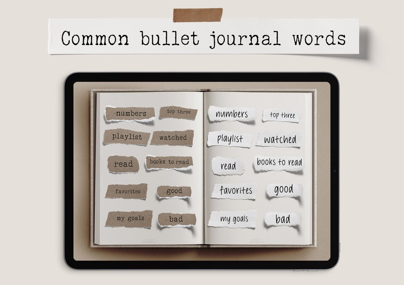 May include: An open journal with torn paper labels featuring common bullet journal words like "numbers," "playlist," and "read." The words are in a mix of fonts and colors, with the title "Common bullet journal words" above.