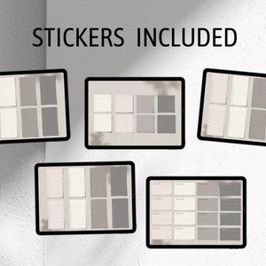 May include: A set of 6 printable sticker sheets with a minimalist design. The stickers are in shades of gray and white and feature a variety of shapes and sizes. The text "STICKERS INCLUDED" is displayed at the top of the image.
