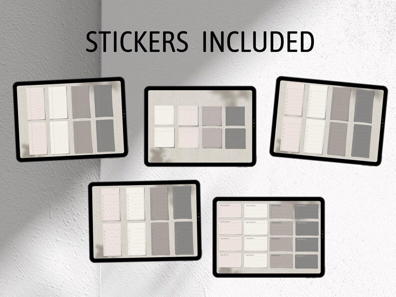 May include: A set of 6 printable sticker sheets with a minimalist design. The stickers are in shades of gray and white and feature a variety of shapes and sizes. The text "STICKERS INCLUDED" is displayed at the top of the image.