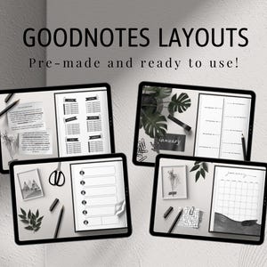 May include: Five digital notepads with different layouts for Goodnotes app. The layouts include a calendar, a weekly planner, a to-do list, a notes page, and a lined page. The notepads are displayed on a white surface with a plant and a pen.