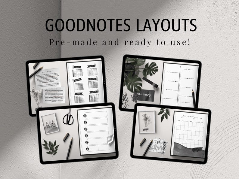 May include: Five digital notepads with different layouts for Goodnotes app. The layouts include a calendar, a weekly planner, a to-do list, a notes page, and a lined page. The notepads are displayed on a white surface with a plant and a pen.