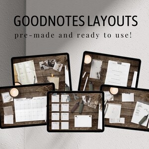 May include: Five different Goodnotes layouts on a wooden background. Each layout features a different design, including a calendar, a to-do list, and a notes page. The layouts are pre-made and ready to use.