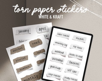 May include: White and kraft torn paper stickers with various words and phrases, including months, and terms like "habit tracker" and "my goals." The stickers are displayed on white paper and a tablet screen.