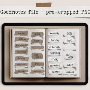 May include: Digital planner stickers for Goodnotes. The image shows a digital notebook with torn paper stickers. The stickers include days of the week, years, and the words "this week" and "weekend". The text "Goodnotes file + pre-cropped PNG" is at the top.