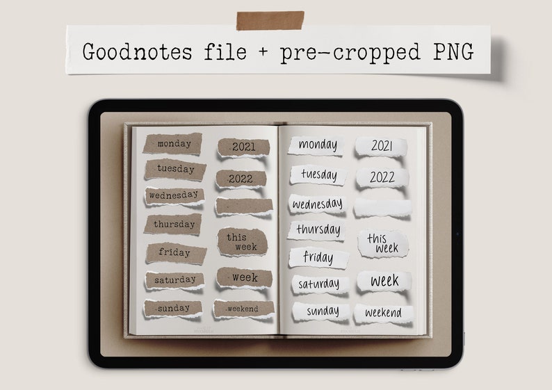 May include: Digital planner stickers for Goodnotes. The image shows a digital notebook with torn paper stickers. The stickers include days of the week, years, and the words "this week" and "weekend". The text "Goodnotes file + pre-cropped PNG" is at the top.