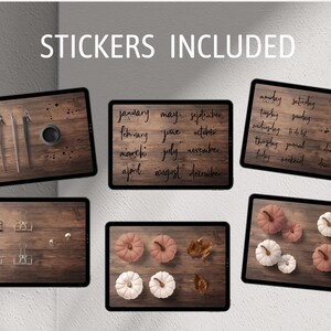May include: A set of digital planner stickers featuring a variety of designs, including months of the year, days of the week, and autumn-themed pumpkins. The stickers are displayed on a woodgrain background.