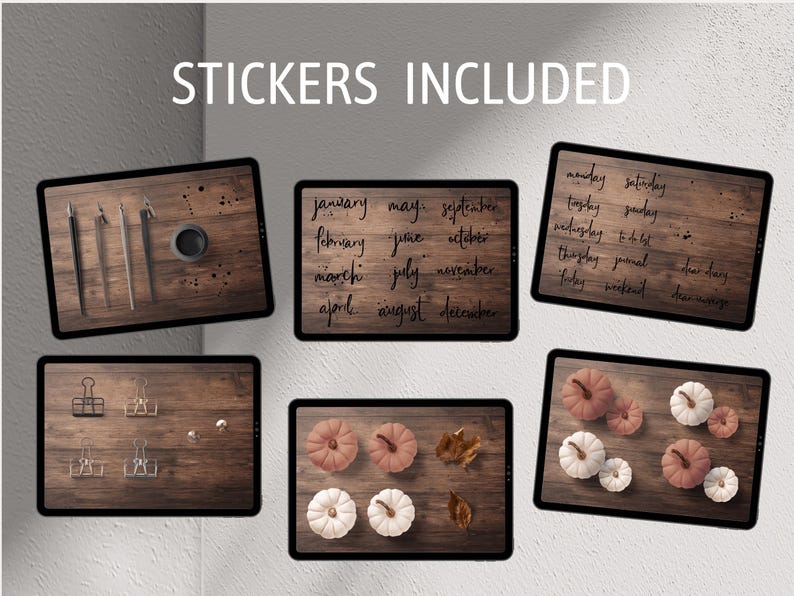 May include: A set of digital planner stickers featuring a variety of designs, including months of the year, days of the week, and autumn-themed pumpkins. The stickers are displayed on a woodgrain background.