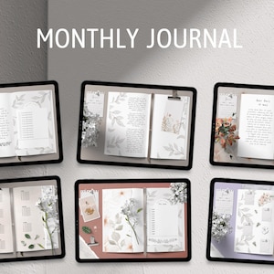 May include: Six digital planner pages featuring a floral theme. The pages include a monthly calendar, a daily log, and a notes section. The pages are designed in a minimalist style with a light grey background and delicate floral illustrations.