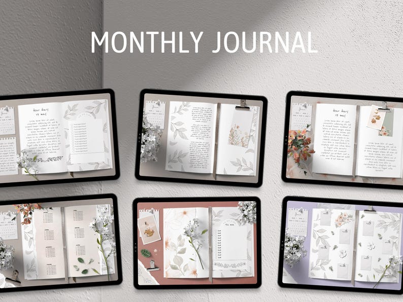 May include: Six digital planner pages featuring a floral theme. The pages include a monthly calendar, a daily log, and a notes section. The pages are designed in a minimalist style with a light grey background and delicate floral illustrations.