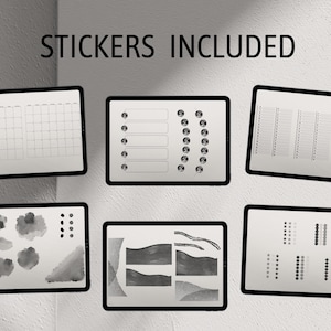 May include: A set of digital planner stickers for use in digital planners. The stickers include a calendar grid, a list of tasks, a set of watercolor-style shapes, a set of circles, and a set of lines. The text "STICKERS INCLUDED" is at the top of the image.