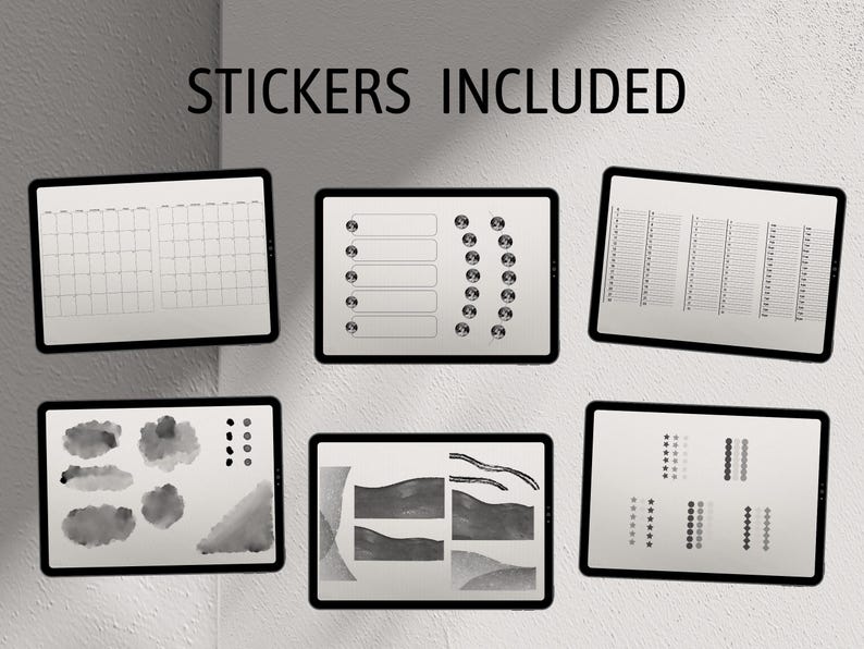 May include: A set of digital planner stickers for use in digital planners. The stickers include a calendar grid, a list of tasks, a set of watercolor-style shapes, a set of circles, and a set of lines. The text "STICKERS INCLUDED" is at the top of the image.