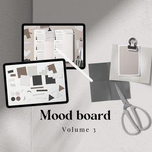 Mood board V3 - Kit di adesivi digitali neutri, adesivi digitali realistici, fogli, forbici, graffette e fogli di carta per appunti. Per la pianificazione digitale