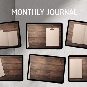 May include: Six different mockups of blank journals on a wood background. The journals are in various sizes and orientations. The text "MONTHLY JOURNAL" is at the top of the image.