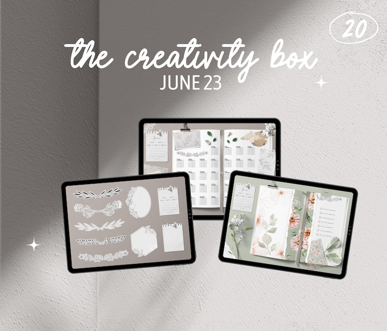 May include: Two digital planners with floral designs and the text "the creativity box JUNE 23" on a white background.
