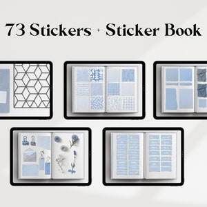 May include: A set of 73 blue and white stickers in a sticker book. The stickers feature geometric patterns, abstract shapes, and handwritten text. The book is open to reveal the stickers.