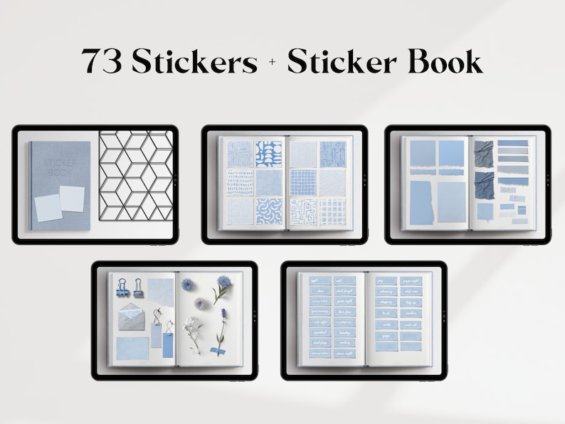 May include: A set of 73 blue and white stickers in a sticker book. The stickers feature geometric patterns, abstract shapes, and handwritten text. The book is open to reveal the stickers.