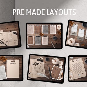 May include: A digital planner layout with different pre-made designs. The layouts include a calendar, to-do list, and journal pages. The designs feature a brown and white colour scheme with autumn-themed elements like leaves and pumpkins.
