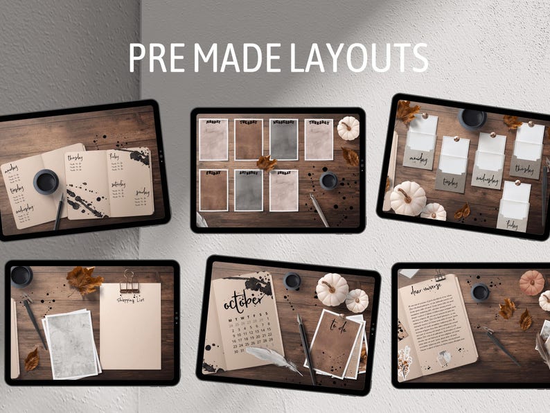 May include: A digital planner layout with different pre-made designs. The layouts include a calendar, to-do list, and journal pages. The designs feature a brown and white colour scheme with autumn-themed elements like leaves and pumpkins.