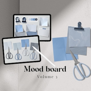 Mood board V3 - Kit adesivi digitali blu, adesivi digitali realistici, fogli, forbici, graffette e fogli di carta per appunti. Per la pianificazione digitale