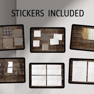 May include: A set of digital planner stickers featuring a variety of designs, including plaid patterns, blank notes, and a calendar grid. The stickers are displayed on a digital screen with a wood grain background. "Stickers Included" is written in white text on a black background.
